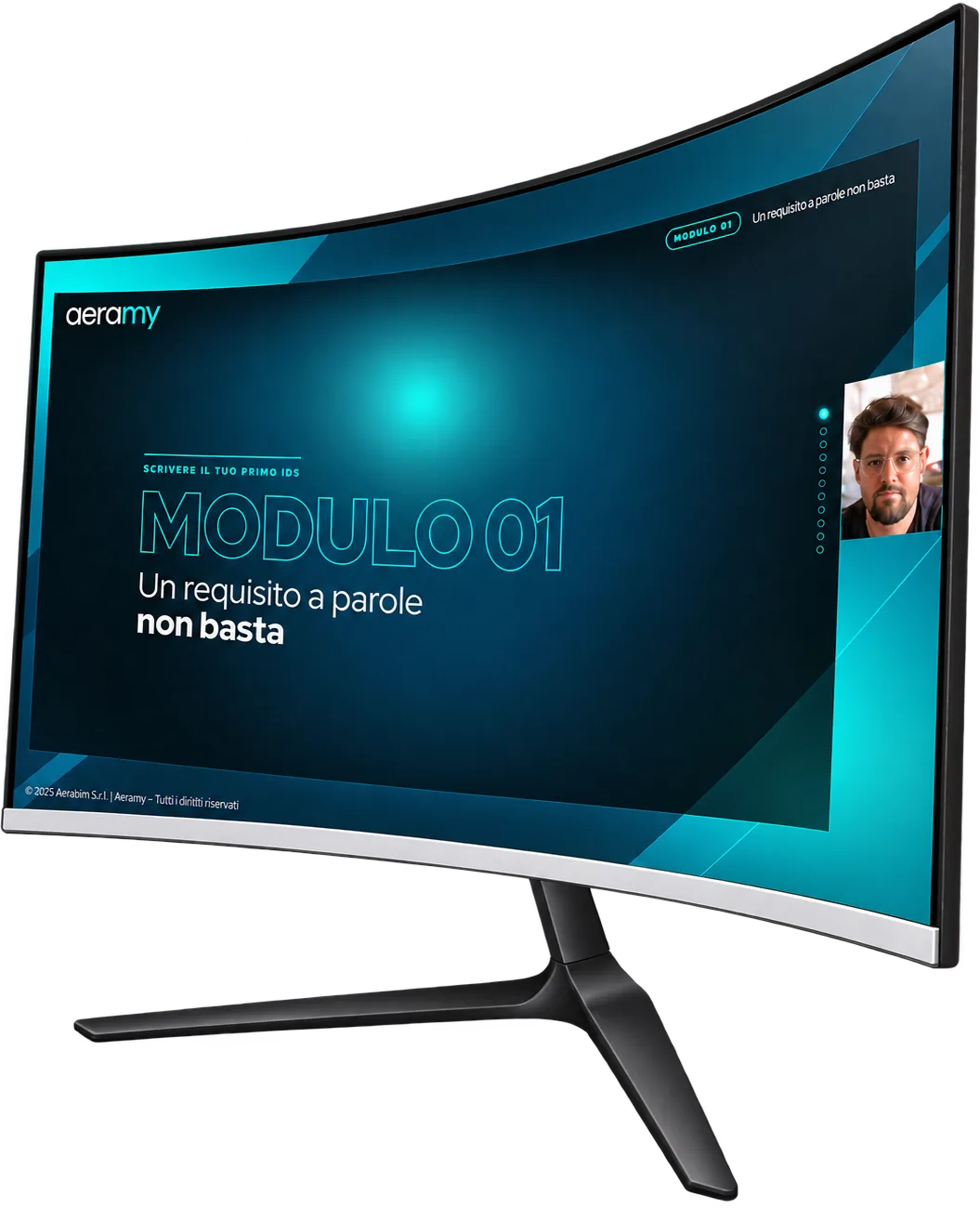 Una lezione di Aeramy su un monitor curvo: Modulo 01, «Un requisito a parole non basta», con il docente in un riquadro a lato.